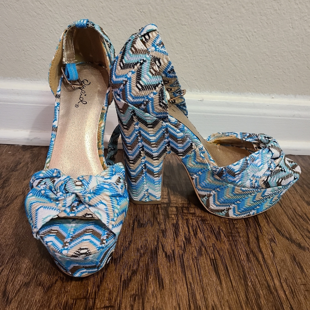 Teal Blue Colorful Qupid Chevron Knitted Chunky Platform Ankle Strap Heels